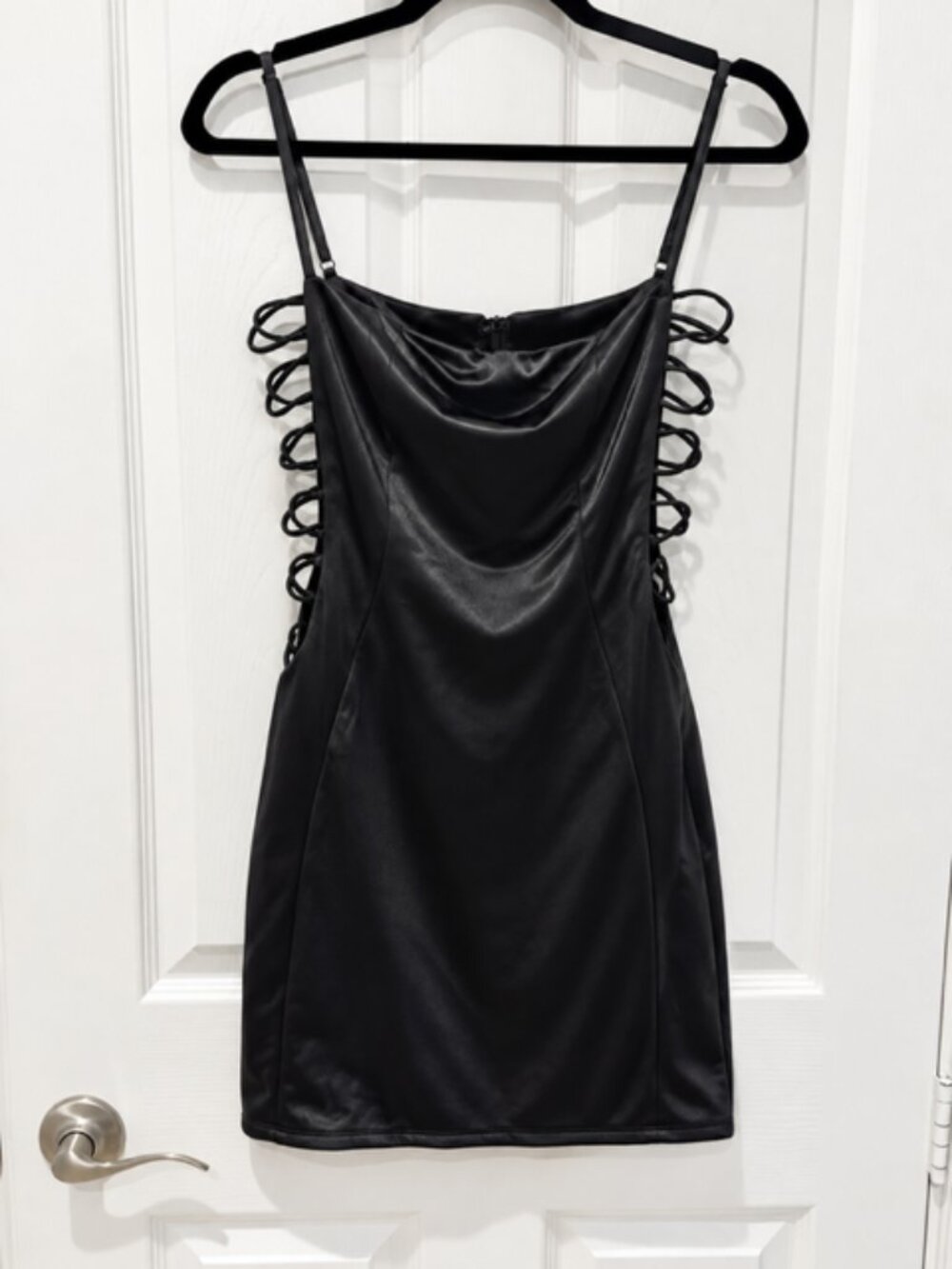 Windsor Black Faux Leather Mini Dress Women’s L Side Cutout Lace Up Y2K Clubwear